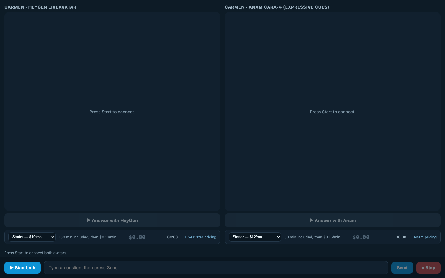 The avatar comparison page: LiveAvatar and Anam side by side with cost meters under each pane