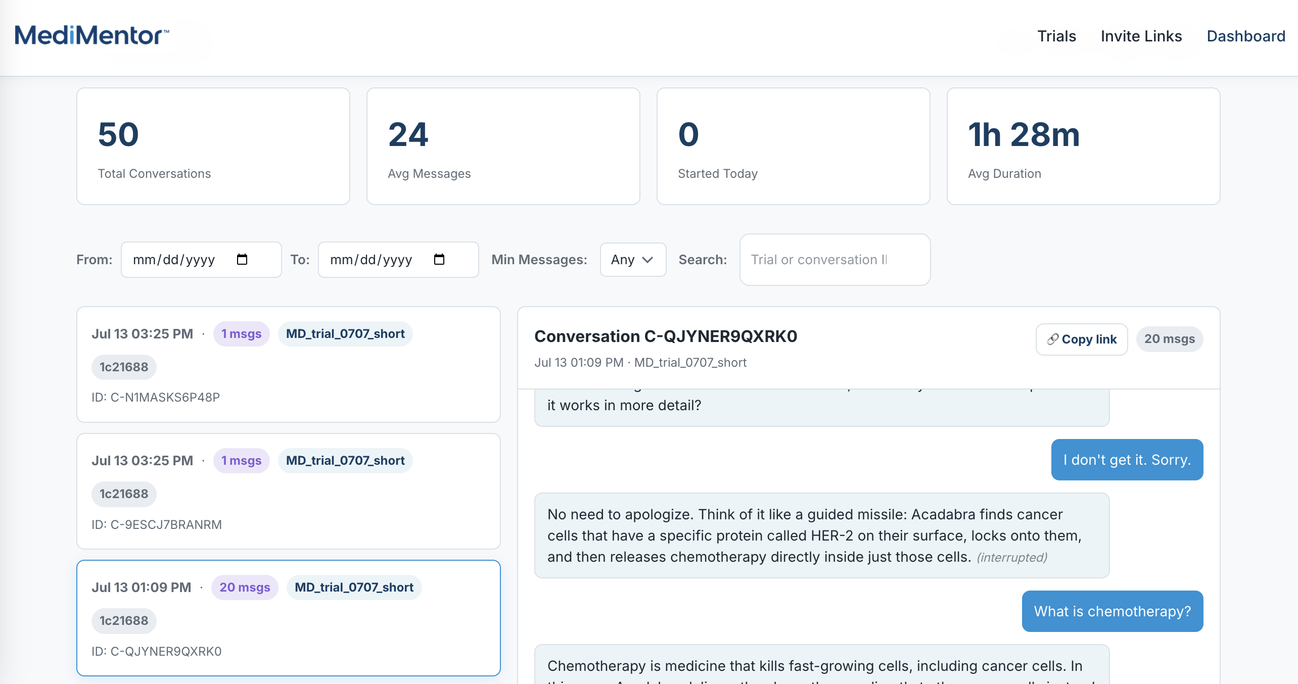 Dashboard listing patient conversations